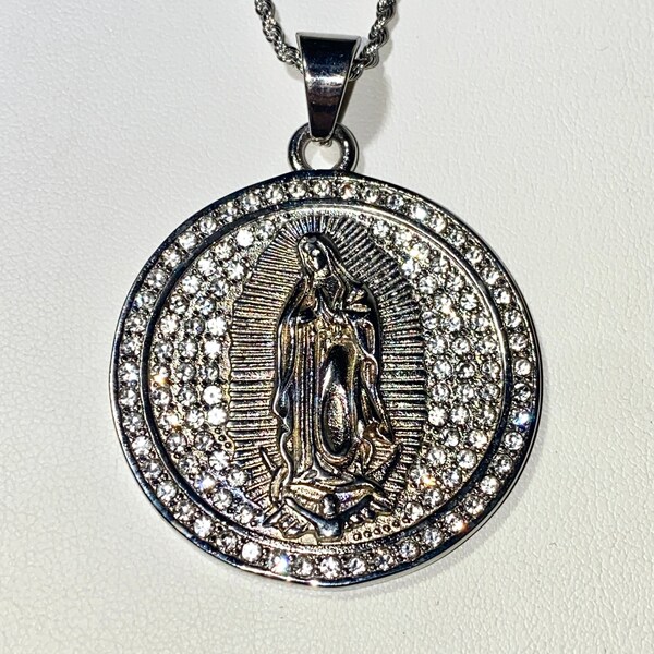 Men's Women's 14k Gold 5X Layered Stainless Steel Our Lady Virgin Guadalupe Pendant, Rope Chain 16"-24" Inches Non Rust or Turn Neck Green