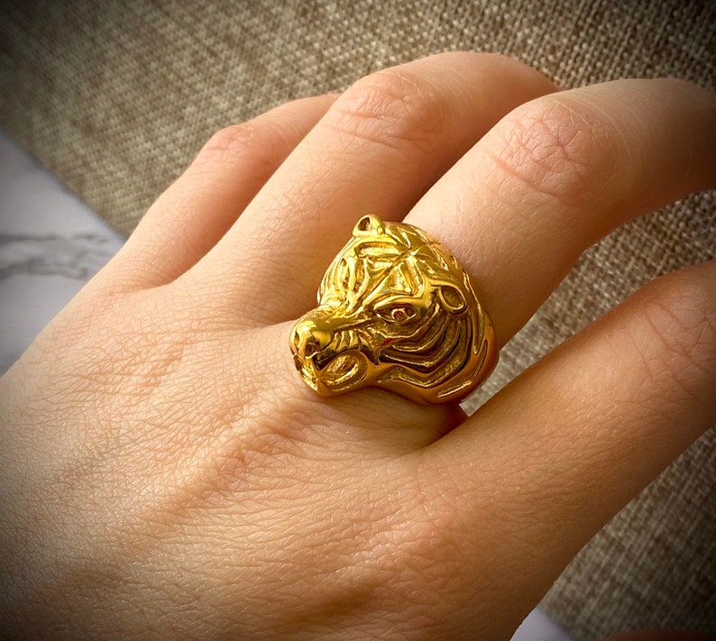 Designer Signet Ring Warranty Every Day Wear Men/'s Women/'s Tiger Ring,14k Gold 5X layered stainless steel Unisex Sizes Ring,Gift for him