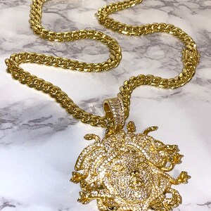 Men's Miami Cuban Link Chain Necklace,14K Gold 5X Layered Cuban Chain, Medallion Necklace, CZ Diamond Medallion Choker, ICY Necklace,Chain image 3