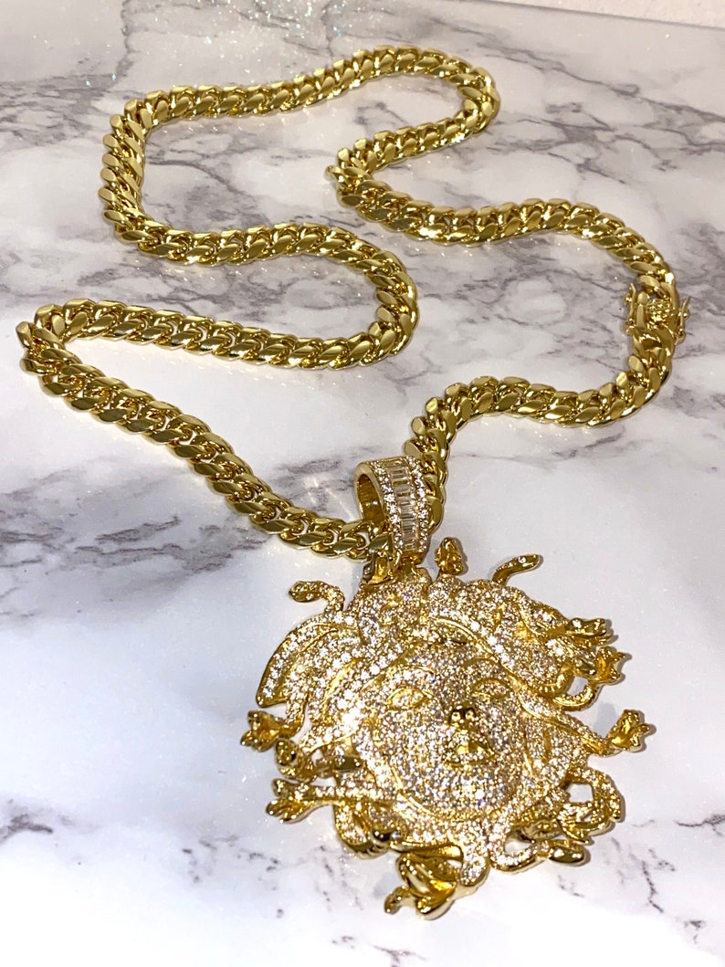 Men's Miami Cuban Link Chain Necklace,14K Gold 5X Layered Cuban Chain, Medallion Necklace, CZ Diamond Medallion Choker, ICY Necklace,Chain image 3