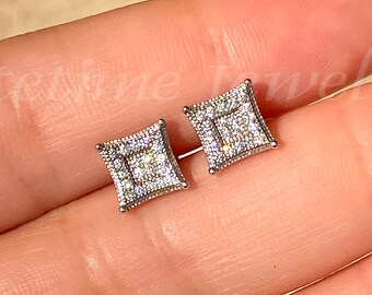 Men Women 14k White Gold Layered icy Bling Square Screw Back Earrings Rappers Religious Every Day Wear Unisex CZ Diamonds Earring Screw Back