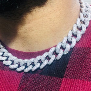 Men's Miami Cuban Link Chain Necklace,14K RHODIUM 5X Layered Cuban Figaro Chain, Iced Necklace, CZ Diamond Choker, 19mm SIlver iced Cuban