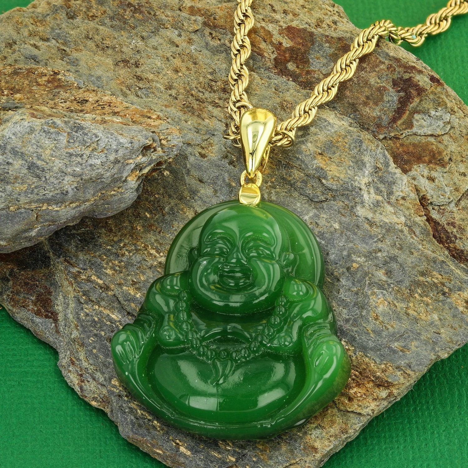 Jade Laughing Buddha Buddah Necklaces For Women Men,Ice Out Buddha Pendant For Men Women with Stainless Steel Gold Chain 24 inches 