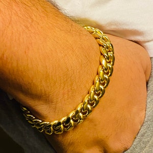 Mens Miami Cuban Link Bracelet 14k Gold 5X Layered Stainless Steel 10mm ...