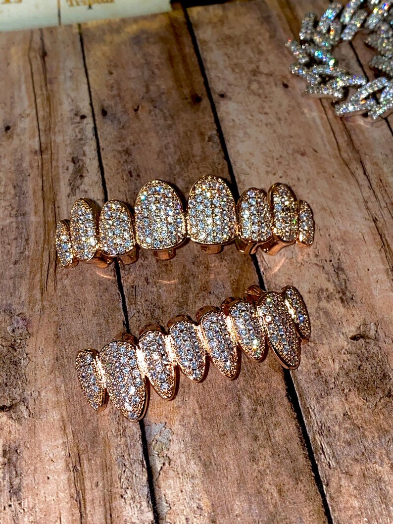 14K Rose Gold 5X Layered 8 Teeth Grillz Gold CZ Grillz Top Etsy
