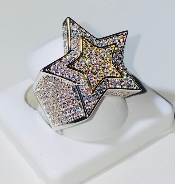 Herren Ice out STAR Pinkie Iced Ring Silber 5X geschichteter