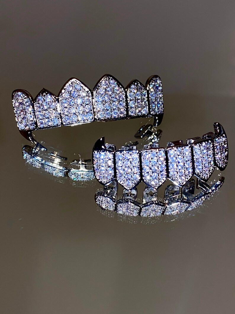 14K White Gold 5X Layered 6 Teeth Grillz Fang CZ Grillz Top Etsy