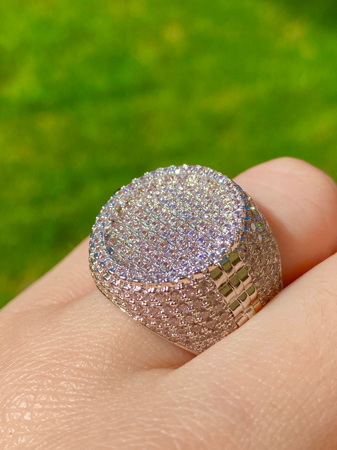 Men's Ice Out Ring, Silver 5X Layered Diamond Cz Ring, Designer Big