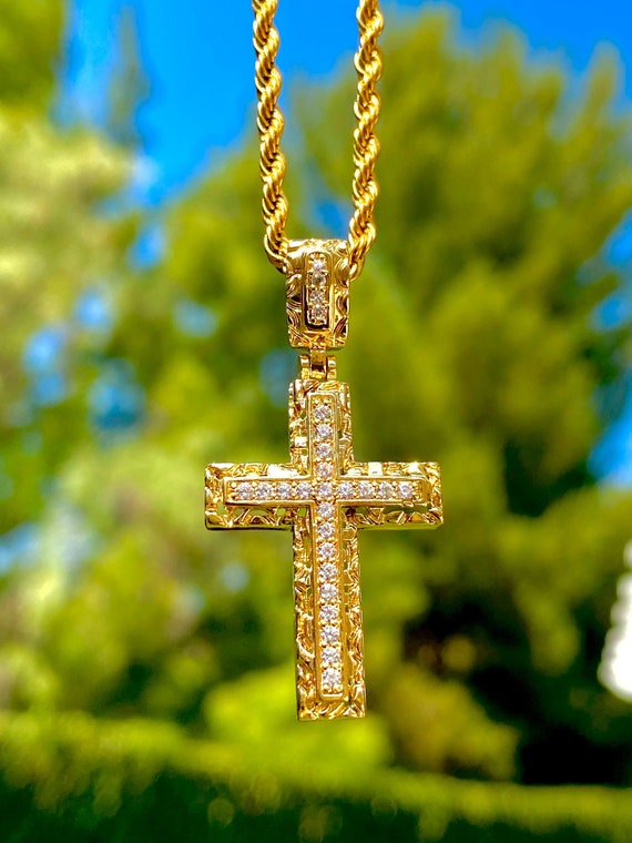 Solid 925 Sterling & 14k Gold Silver Tennis Cross Pendant Diamond Iced  Necklace