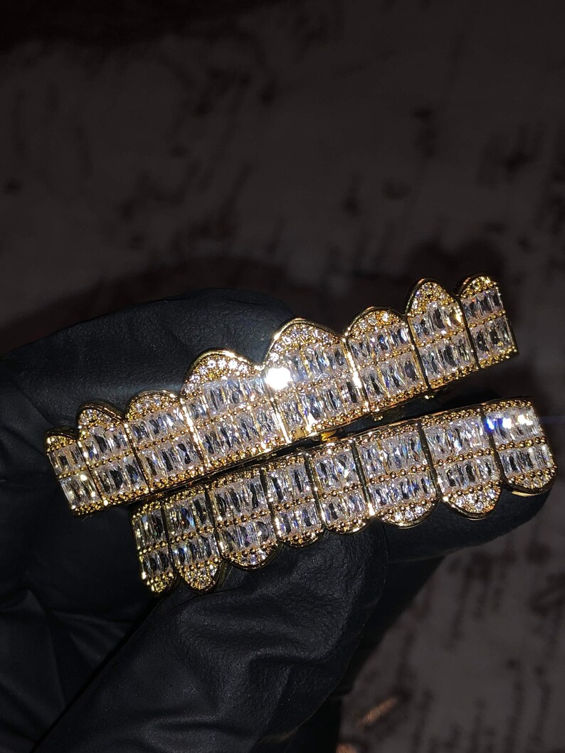 14K Gold 5X Layered Baguette 8 Piece Grillz Gold CZ Grillz Etsy México
