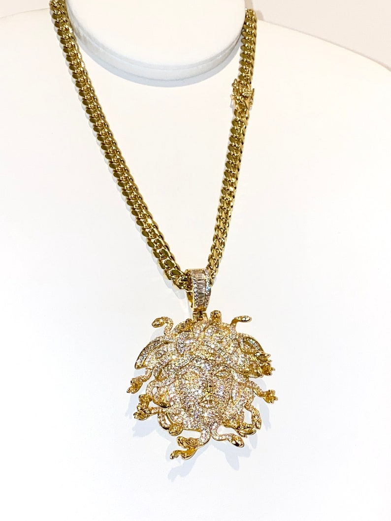 Men's Miami Cuban Link Chain Necklace,14K Gold 5X Layered Cuban Chain, Medallion Necklace, CZ Diamond Medallion Choker, ICY Necklace,Chain image 2