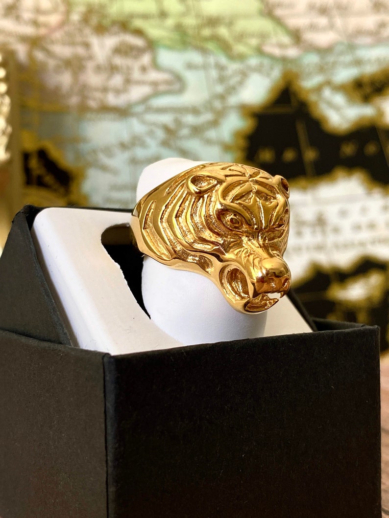 Designer Signet Ring Warranty Every Day Wear Men/'s Women/'s Tiger Ring,14k Gold 5X layered stainless steel Unisex Sizes Ring,Gift for him