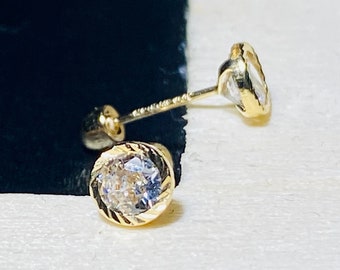 14k Solid Real Yellow 5mm Gold Basket Set Round CZ Stud Earrings, 14k Gold Back Stud Earring, Diamond Cut Round Dainty Gold Stud Earrings