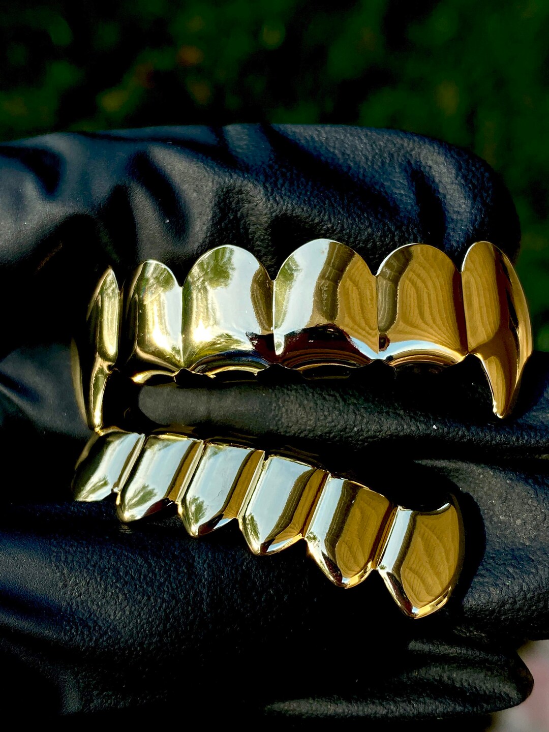 14K Gold 5X Layered 6 Piece Fang Grillz, Gold CZ Grillz, Top and Bottom