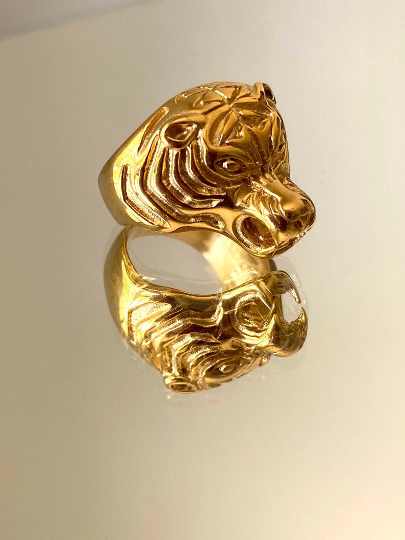 Designer Signet Ring Warranty Every Day Wear Men/'s Women/'s Tiger Ring,14k Gold 5X layered stainless steel Unisex Sizes Ring,Gift for him