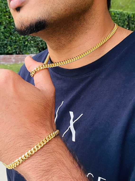 Gold cuban link chain 2024 and bracelet set
