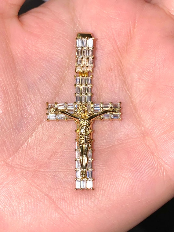 Details about   Men's Italy 925 Silver Iced XL Baguette Cross Jesus Charm Pendant Rope Chain 