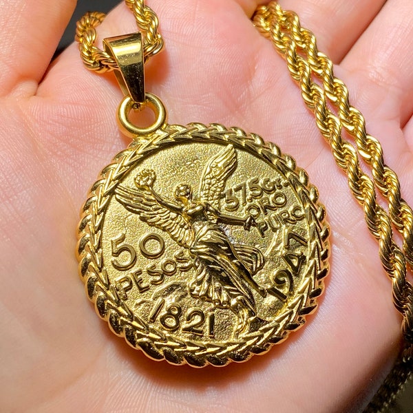 Mexican Pesos Coin Pendant Mens Iced ice 14k Gold 5X Layered Stainless Steel, Rope Chain 16"-24" Inches warranty Non Rust or Turn Neck Green