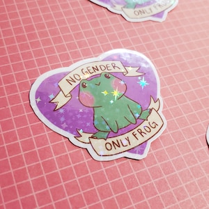 May include: A holographic sticker with a green cartoon frog in a purple heart shape. The sticker reads "NO GENDER" and "ONLY FROG". The background is a pink grid pattern.