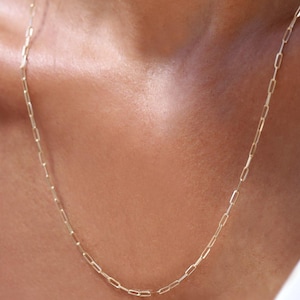 14k Solid Yellow Gold Paperclip Necklace, Gold Chain Necklace, Mini Chain Pendant, Gold Paperclip Bracelet, Handmade Misoa Jewelry,