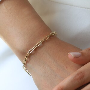 14K Gold Medium Staple Chain, Bold Link Chain, Paper Clip Bracelet, Rectangular Elongated Link Chain Bracelet, Stacking Chain, Gift for Her