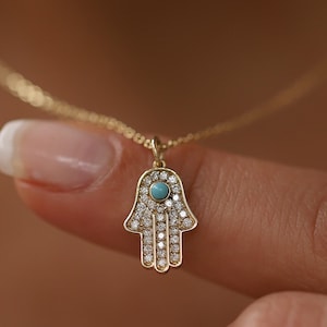 Diamond Hamsa Necklace, 14K Gold Hand of Fatima Pendant, Dainty Good Luck Charm, Gift for Her, Protection, Layering Chain, Turquoise