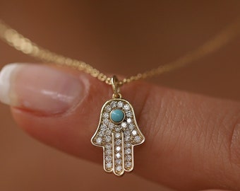Diamond Hamsa Necklace, 14K Gold Hand of Fatima Pendant, Dainty Good Luck Charm, Gift for Her, Protection, Layering Chain, Turquoise