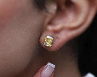 925 Sterling Silver Sapphire Zircon Square Baguette Earrings, Elegant Yellow Stone Studs, New Season Women's Jewelry