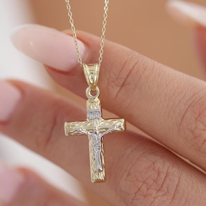 14K Gold gemusterte Kreuz Halskette, Gold religiöser Anhänger, Gold Kreuz Anhänger, eleganter christlicher Schmuck, Gold Jesus Kreuz Halskette