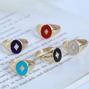 14K Gold Signet Ring with Starburst Diamond,Enamel Accents,Unisex Pinky Ring, Retro Statement Piece Diamond & Zircon Options,Unique Gifts