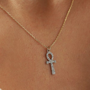 Mini Diamond Ankh Necklace, 14K Gold Mini Ankh Pendant, Minimalist Jewelry, Cross, Symbol of Life, Gift for Her, Everyday Diamond Jewelry