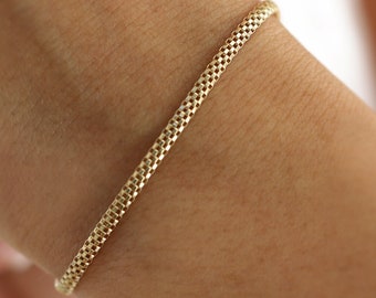 14K Gold Woven Chain Bracelet, Braided Cable, Handmade