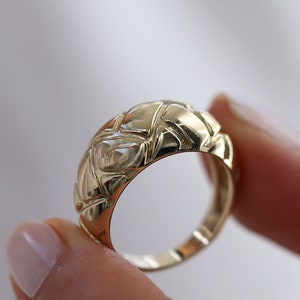 14K Gold Large Quilted Dome Ring, Thick Patterned Croissant Ring, Minimalist Fine Jewelry, Gift for Her, Statement, Everyday Gold Jewelry