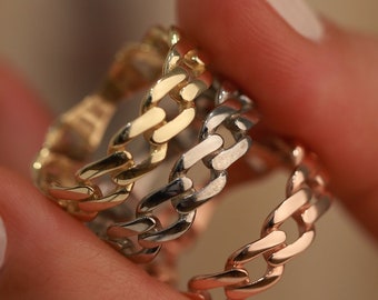 Gold Curb Chain Ring, Stacking Ring, 14K Gold Cuban Link Ring, Minimalist Jewelry, Gift for Her, Everyday Jewelry, Statement Piece