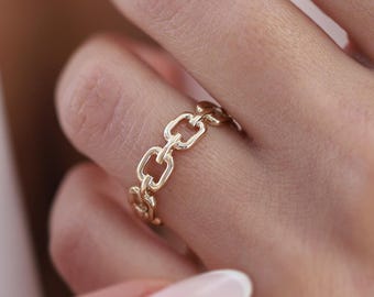 14K Solid Gold Kettenglied Ring, Minimalistisches stapelbares Band