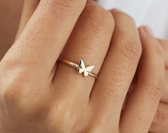 14K Gold Butterfly Ring, Minimalist Fine Jewelry - Etsy
