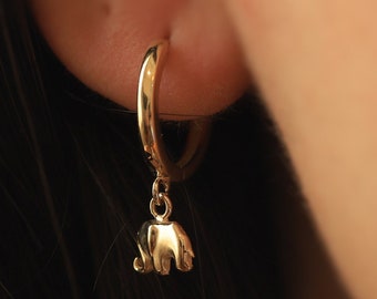 14K Gold Elephant Earrings, Gold Drop Earrings, Hoop Earrings, Huggies, Gift for Her, Good Luck Charm, Everyday Minimal Jewelry
