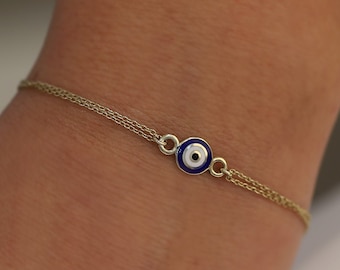 Mini Round Enamel Evil Eye Bracelet, 14K Gold, Dainty Stacking Bracelet, Gift for Her, Everyday Jewelry, Minimalist Cable Chain, Luck