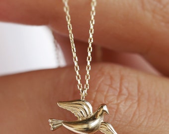 14K Gold Peace Dove Pendant Necklace, Bird Charm, Handmade Jewelry