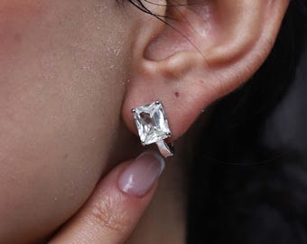 925 Sterling Silver Square Baguette Clip-On Earrings, Elegant Zircon Stud Earrings, Minimalist Silver Jewelry for Women