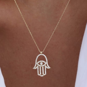 Zirconium Hamsa Necklace, 14K Gold Hand of Fatima Pendant, Dainty Good Luck Charm, Gift for Her, Symbol of Protection, Layering Chain