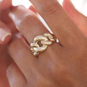 14k Real Gold Chain Ring,  Cuban Link Chain Ring, Statement Ring, Basic Gold Ring, Curb Chain Ring, Stackable Ring, Handmade Misoa Jewelry