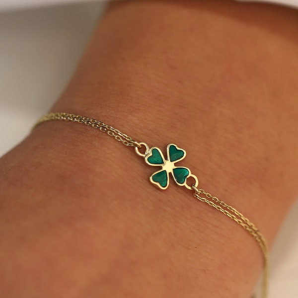 14K Gold & Green Enamel Four-Leaf Clover Bracelet, Dainty Stacking Bracelet, Gift for Her, Minimalist Jewelry, Cable Chain, Good Luck