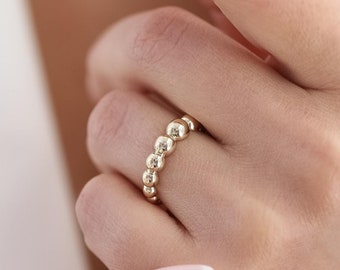 14k Solid Gold Beaded Band Ring: Stackable Minimalist Ring