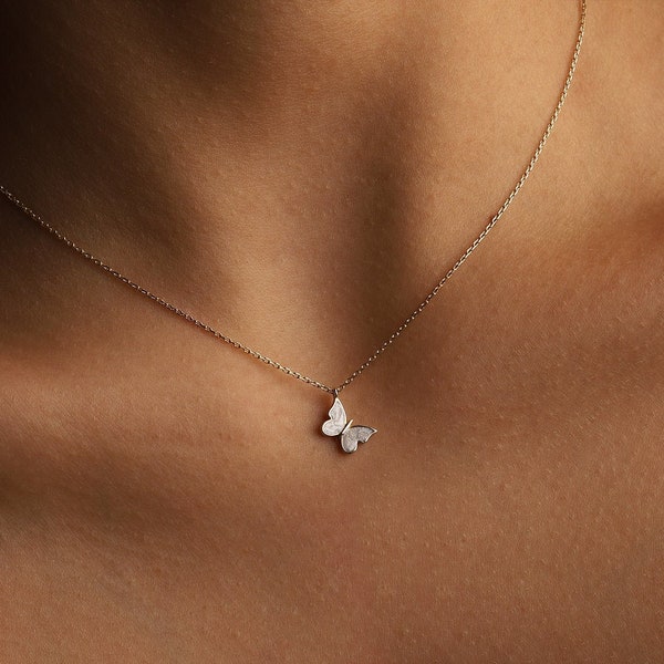 14K Gold Butterfly Necklace: White Enamel Pendant