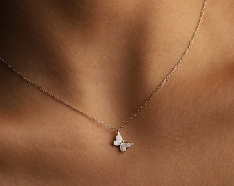 Dainty Butterfly Necklace, Enamel Pendant, 14K Gold, Gift for Her, Valentine&#39;s Day