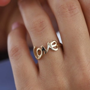 14k Solid Gold Love Ring, Love Script Ring, Yellow Gold Love Band, Gold Statement Ring, Gift for Lover, Love Written Ring, Valentine’s Gift