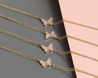 Dainty 14K Gold Butterfly Bracelet, White Enamel Charm, Minimalist Jewelry