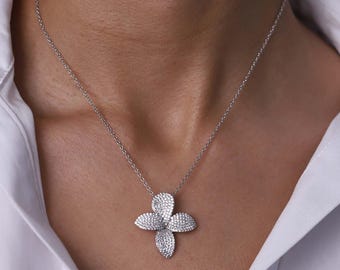925 Sterling Silver Zirconium Diamond Flower Necklace, Cable Chain, Real Silver Statement Jewelry, Bold Jewels