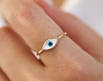 14K Gold Mother of Pearl Evil Eye Ring, Handmade Protective Jewelry